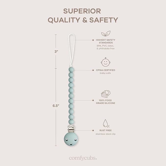 Comfy Cubs Pacifier Clips 2 Pack - 100% Food Grade Silicone Baby Pacifier Clips, BPA & PVC Free - CPSIA Certified, Lightweight and Flexible Baby Gifts - Sage