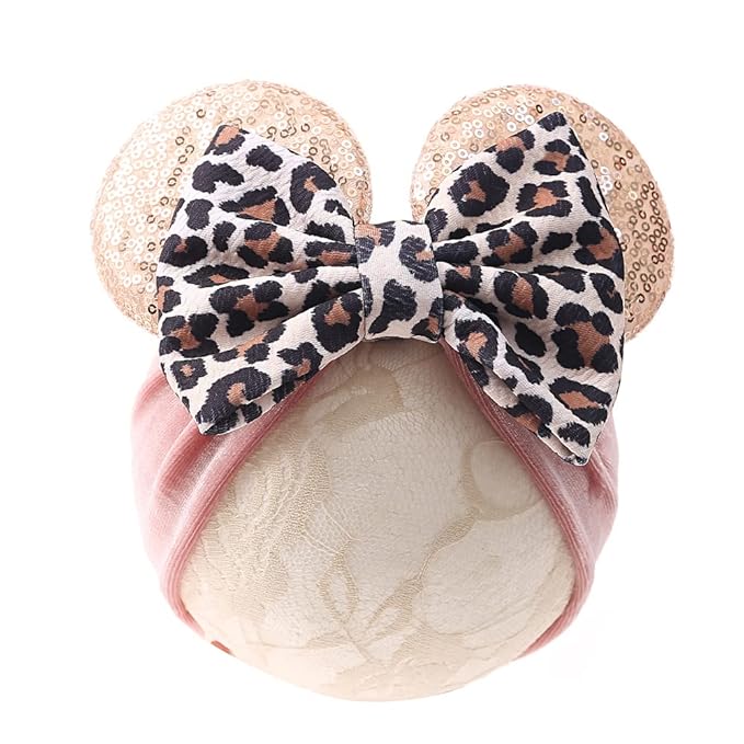 JIAHANG Baby Leopard Bows Turban Knotted Head Wraps, Hair Bows Headbands Stretchy Hair bands for Infant Toddlers Girls (pink leopard)