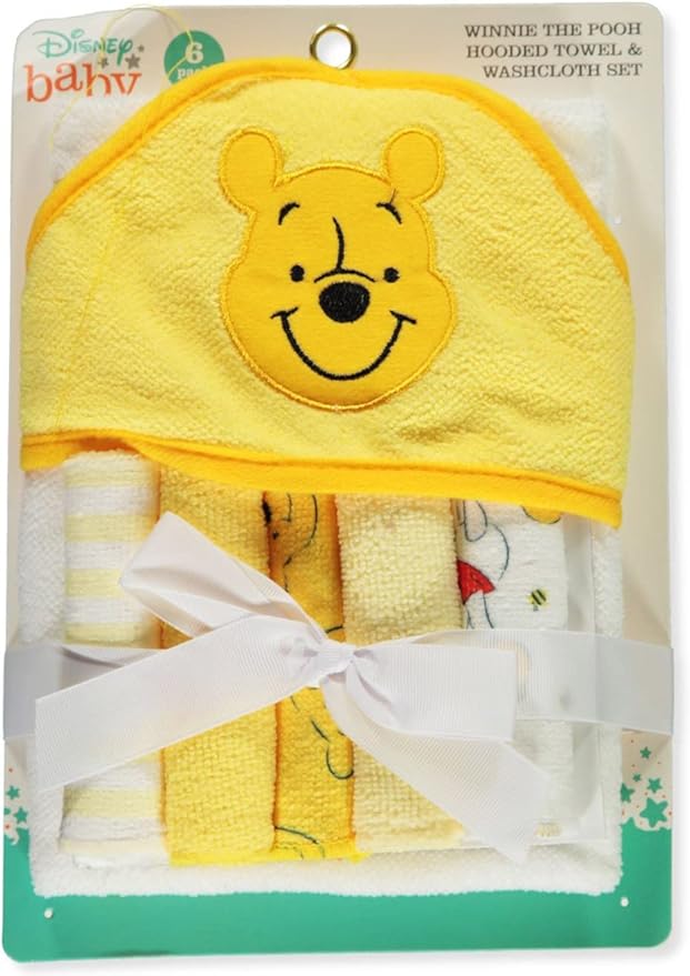 Cudlie Accessories Disney Baby Winnie The Pooh Hooded Towel with 5 Piece Washcloth Set, Honey Collector Print, GS71798, Yellow