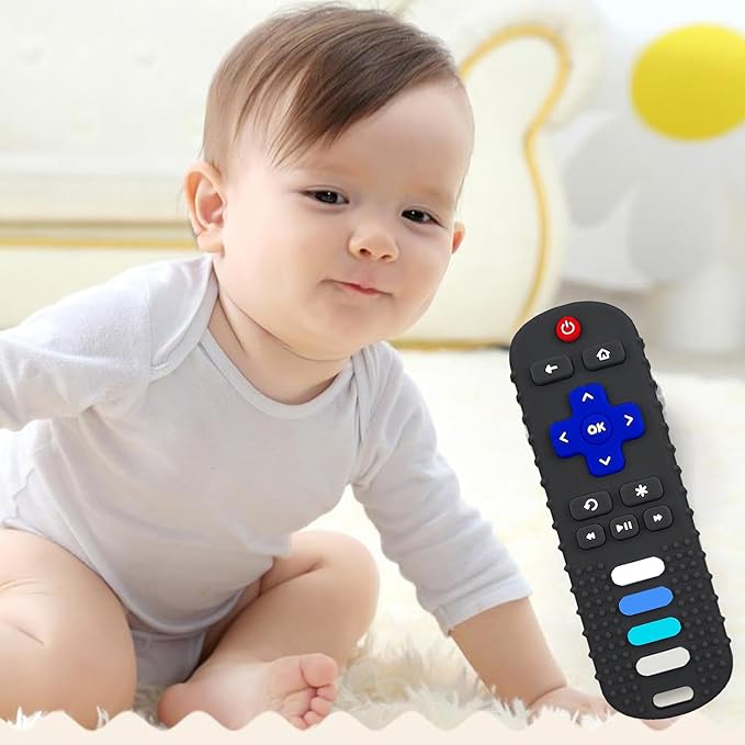 2-Pack Baby Teething Toys-TV Remote Control Shape Silicone Infants Teething Toys for Babies 0-18 Months,BPA-Free (Khaki+Red)