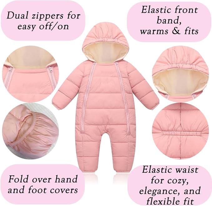 Infant Toddler Snowsuit Cute Newborn Winter Coat Warm Hooded Jumpsuit for Boys Girls 0-24 Months