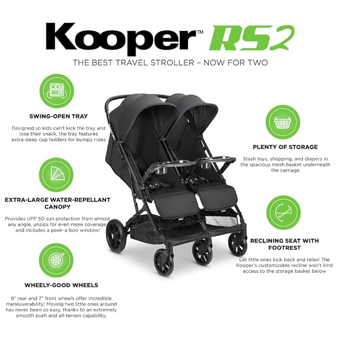 Joovy Kooper RS2 Lightweight Travel Double Stroller Featuring Dual Snack Trays, One-Handed Fold, Multi-Position Reclining Seats, Adjustable Leg Rests, and 2 Zippered Pockets for Storage
