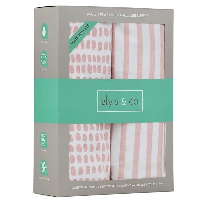 Ely’s & Co. Waterproof Pack and Play/Mini Crib Sheets – All-in-One Mattress Protector and Fitted Playard Sheets – Jersey Cotton – Mauve Pink Splash & Stripes, Baby Girl Nursery Bedding – 2-Pack