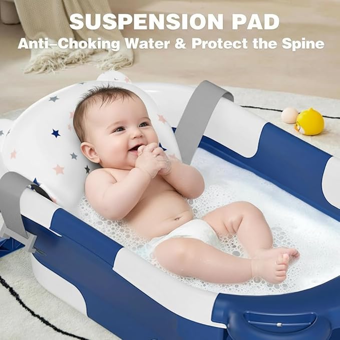 TPN Collapsible Baby Bathtub, Baby Bath Tub with Soft Cushion & Real-Time Thermometer, Baby Bathtub Infant to Toddler Tub (0-36 Months), Portable Newborn Travel Bath Tub