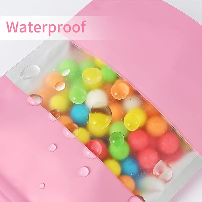 100 Pieces Smell Proof Mylar Resealable Food Storage Bags With Clear Window, Foil Pouch Stand-up for Self Sealing Supplies (Pink, 3.5 x 5 Inch)
