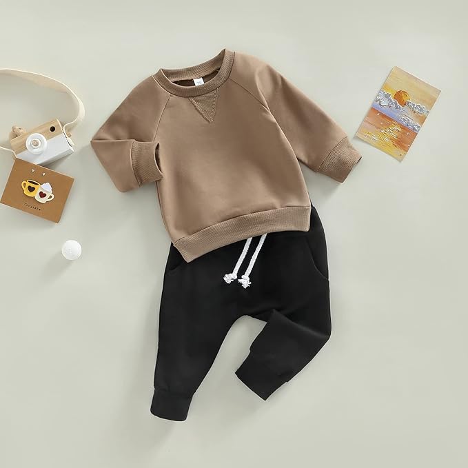 Toddler Baby Boy Clothes Solid Color Long Sleeve Crewneck Sweatshirt Top Casual Pants Set 2Pcs Fall Winter Outfits