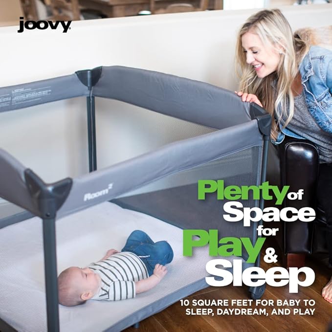 Joovy Room² Large Portable Playpen for Babies and Toddlers with Nearly 10 sq ft of Space, Large Mesh Windows for 360 View, and Waterproof Mattress Sheet - Folds Easily when Not in Use (Black)