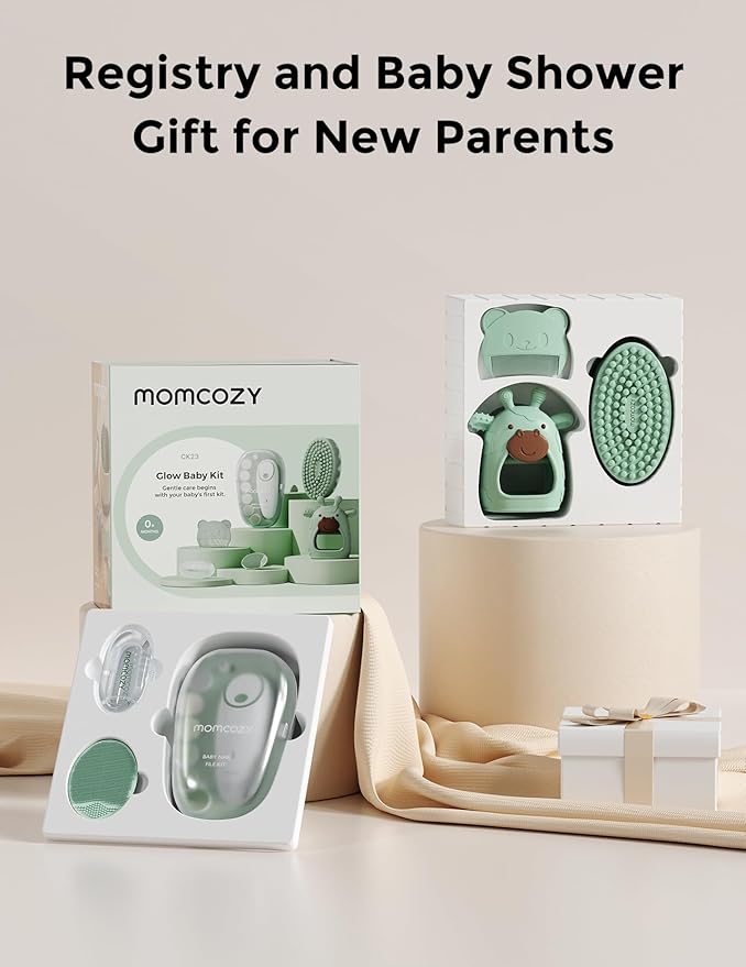 Momcozy Baby Kit, Baby Shower & Registry Essential Kit for Grooming & Cleansing Care, Includes Electric Nail File, Teether, Bath Brush, Cradle Cap Brush,Comb, Finger Toothbrush,Newborn Must-Have