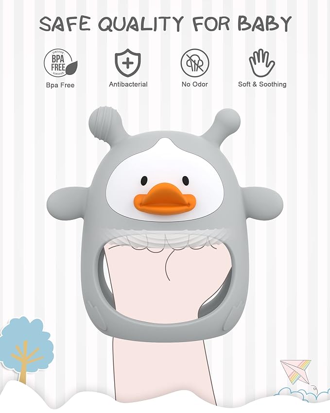 Teething Toys for Babies 0-6 Months, Never Drop Silicone Baby Teether, Hand Pacifier for Sucking Babies, Soothing Pain Relief, Best Chew Toy for Teething Baby, Teething Mitten for New Born -Grey