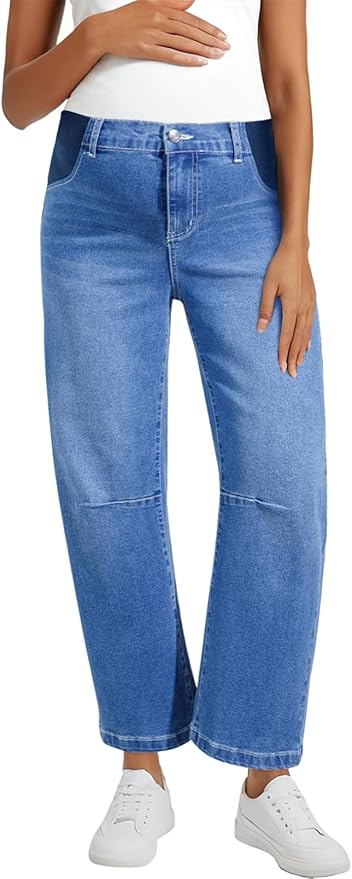 BLENCOT Women's Maternity Jeans Elastic Hight Waist Stretch Barrel Jeans Wide Leg Side Panel Pregnancy Denim Pants