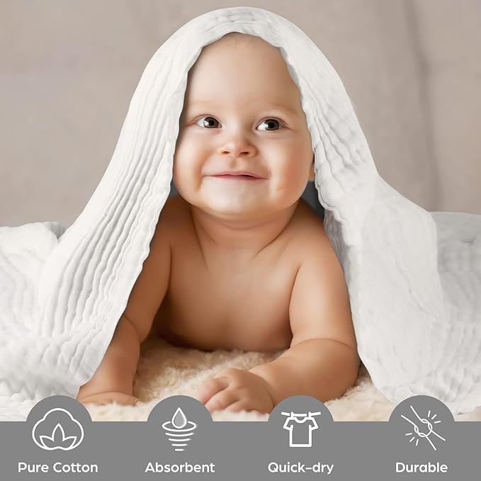 MUKIN Baby Bath Towels, Super Soft Cotton Receiving Blanket for Baby's Delicate Skin,2Pack Swaddle Blanket for Newborns Toddlers Boy Girl,Baby Registry as Shower (White+White)