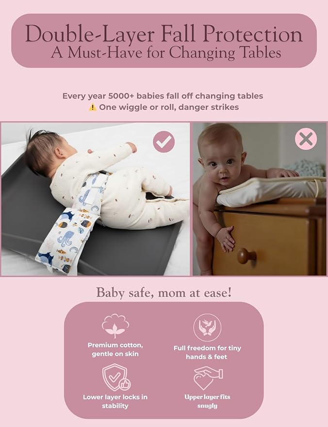 Baby Changing Pad Strap - Cotton Soft Skin-Friendly, Adjustable & Secure Anti-Slip Belt for Infants 0-24 Months, Universal Fit for Changing Pads & Tables, Easy-Clean & Portable (Blue)