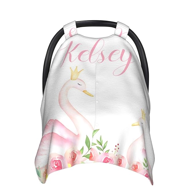 Personalized Baby Car Seat Canopy With Name - Custom Swan Stroller Cover for Girls, Minky Nursing Cover for Breastfeeding, Newborn Carseat Canopies