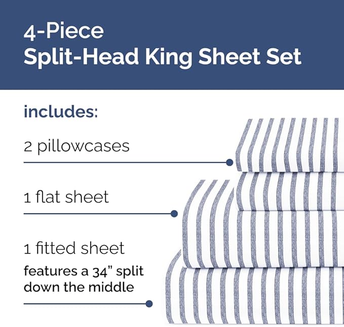 Flex Top Split Head King 4 Piece Sheet Set - Comfy Breathable & Cooling Bed Sheets Set - Hotel Luxury Bedding for Women, Men, Kids, Teens, Boys & Girls - Deep Pockets, Soft - Oeko-Tex - Blue Stripes