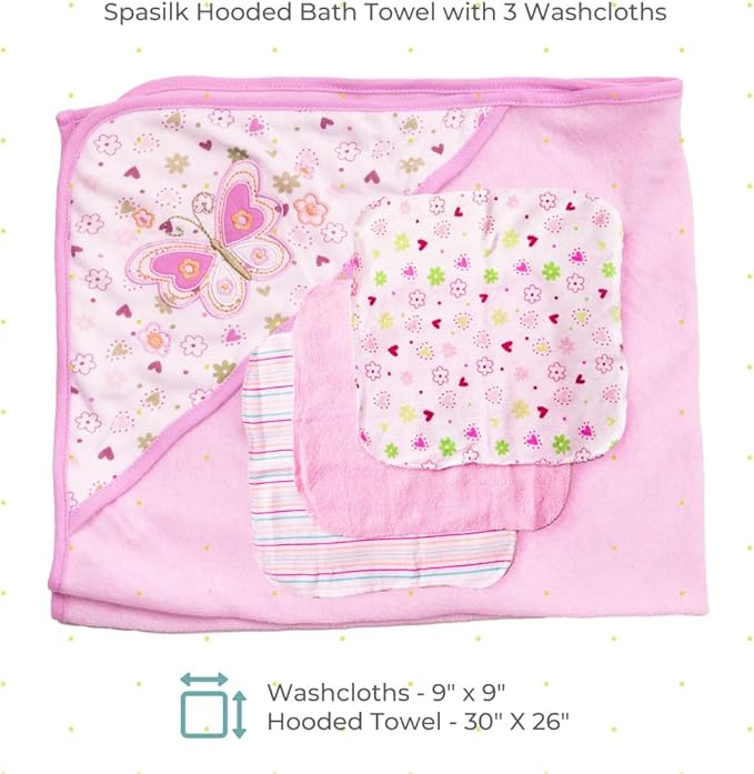 Spasilk Hooded Bath Towel and Washcloths Set for Newborns, 1 Soft Terry Baby Towel and 3 Baby Washcloths, Baby Essentials, Ideal, One Size, Pink Butterfly