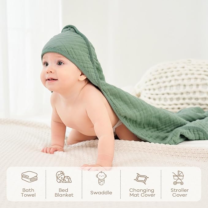 Baby Bath Towels, 100% Muslin Cotton Hooded Baby Towels for Newborn, Baby Towels with Hood for Infant Toddler and Kids, Large 32x32Inch, Soft and Absorbent