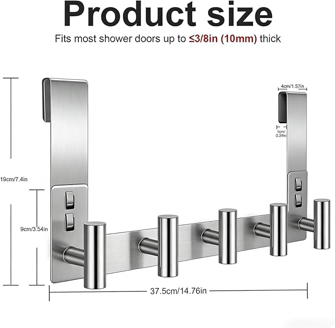 PMMASTO Shower Door Hooks, (7.5 Inch) Extended Towel Hook for Bathroom Frameless Glass Shower Doors, Stainless Steel Heavy Duty Holder for Hanging Robe,Towel (Silver 5 T-Hooks-Fits 3/8" Thick Door)