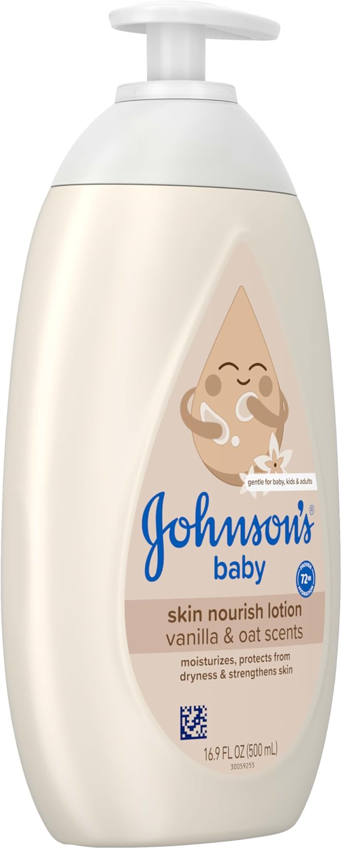Johnson's Skin Nourishing Baby Lotion, Vanilla & Oat Scents, Hypoallergenic Baby Body Lotion for 72 Hour Hydration Until Baby's Next Bath Moisturizes & Protects from Dryness, 16.9 fl. oz