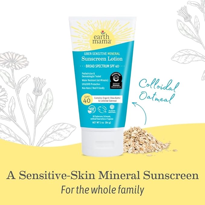 Earth Mama Uber-Sensitive Mineral Sunscreen Lotion SPF 40 | Non-Nano Zinc, Contains Organic Colloidal Oatmeal | Steroid-Free Eczema Cream for Baby, Kid & Family, 3-Ounce