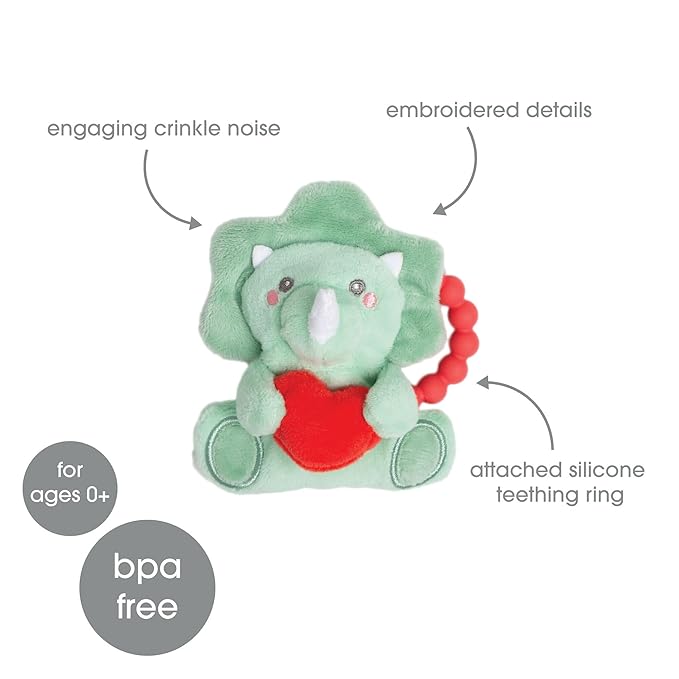 Pearhead Plush Dino Baby Teether with Crinkle Sound, Valentine's Day Gift, BPA-Free Silicone Teething Ring & Soft Sensory Rattle, Infant Gum Soother for Newborns, Dinosaur, 0 Months+