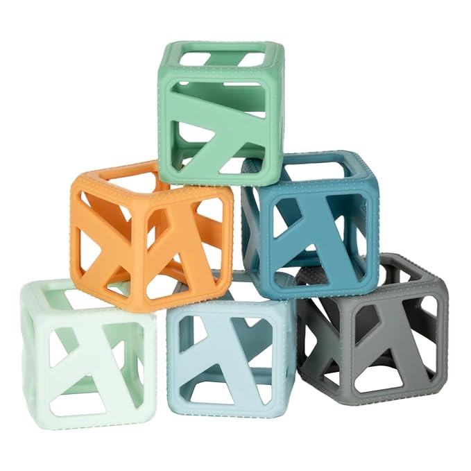 Malarkey Kids Stack N Chew - Mini Cubes Baby Chew Toy Monochrome - Develops Fine Motor Skills, Increases Grip Strength, Stimulates Hand-Eye Coordination (Earthy)