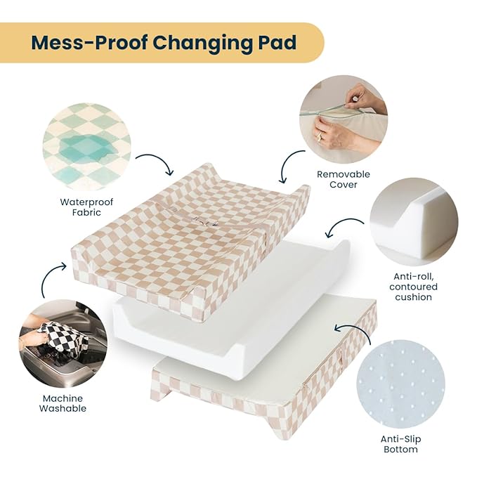 Tiny Twinkle Diaper Changing Pad for Dresser & Nursery Table – Waterproof, Wipeable & Mess-Proof Baby Changing Pad with Safety Strap, Non-Slip Base & Removable Washable Cover(Beige Checkers)