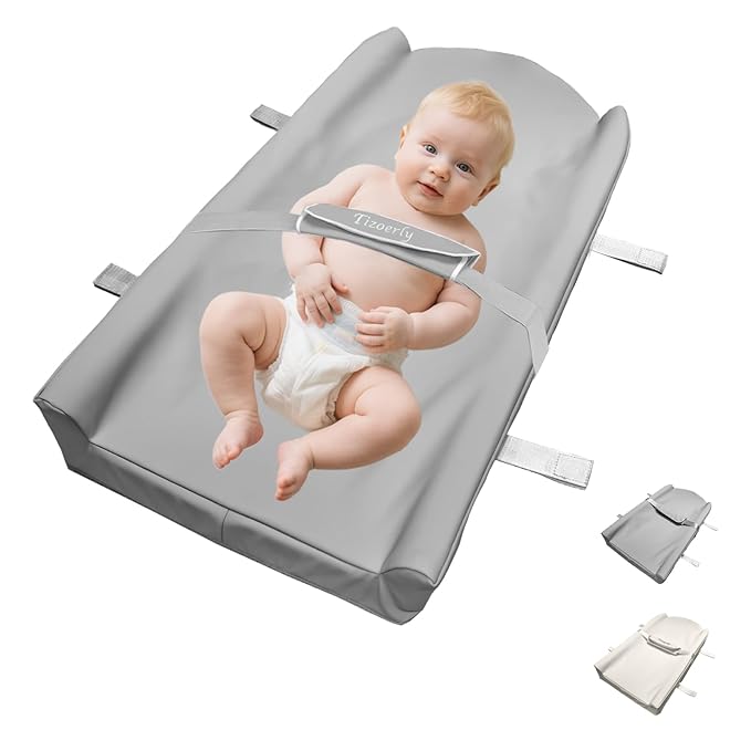 Wipeable Baby Changing Pad for Dresser, Portable Changing Pad with Restraining Belt, Soft & Non-Slip Waterproof Lightweight Changing Table Pad, Easy to Clean for On The Go Diaper Change (Gray)