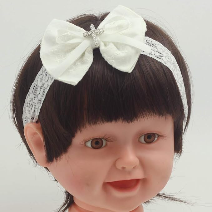 White Baby Bow Headband for Baptism Christening Satin Lace Hair Band with Cross for Toddler (A-off white bow headband, 6 months-2 years old)
