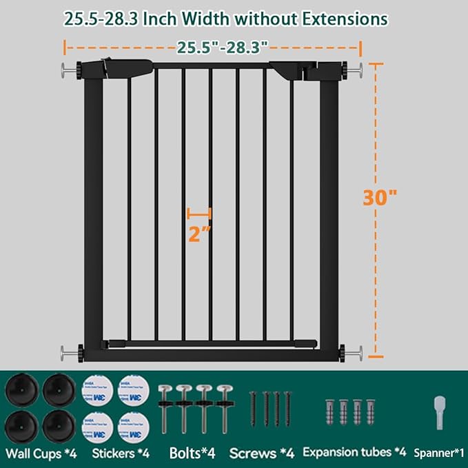Fairy Baby Narrow Easy Install Baby Gate, 25.6"-28.3" Wide Metal Pet Gate for Small Stairs and Doorways, Auto Close NO Drilling Safety Child Gate for Toddler, No Extensions, Black