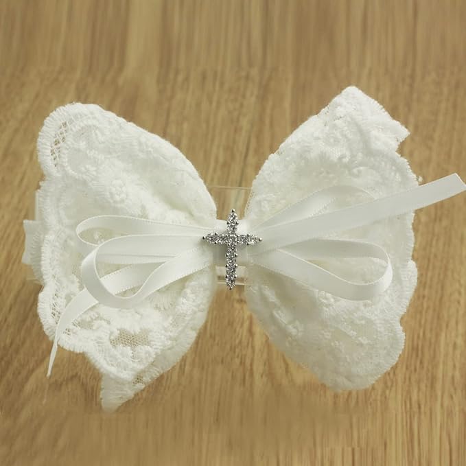 White Baby Bow Headband for Baptism Christening Satin Lace Hair Band with Cross for Toddler (Embroidery Lace white bow-6, 0-6 months)