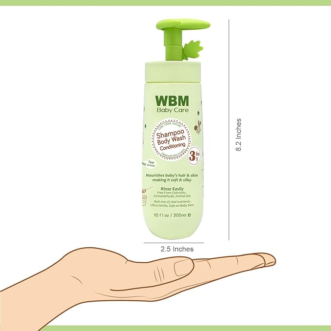 WBM Care 3-in-1 Baby Shampoo, enriched with honey, wheatgerm, and organic olive oil, nourishes baby hair with a gentle, tear-free formula for healthy care