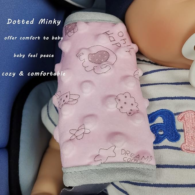 car seat Strap Cover for Baby, seat Belt Cover Cushion, Belt Pads fit Baby Carrier/Pushchair/Stroller, Cozy Peace Dotted Minky, Pink