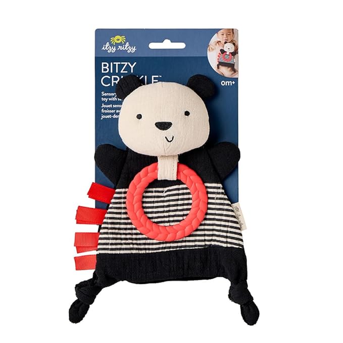 Itzy Ritzy - Bitzy Crinkle Sensory Toy for Babies & Toddlers — Features Crinkle Sound, Soft Braided Teething Toy Ring & Textured Ribbons — Gender Neutral Baby Item for Ages 0 Months & Up, Panda