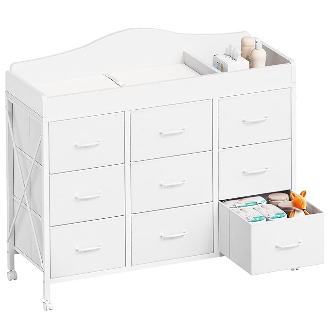 Baby Changing Table with 9 Fabric Drawers, Waterproof Diaper Changing Station & Pad, Mobile Nursery Diaper Changing Table, Baby Furniture, Bedroom, White