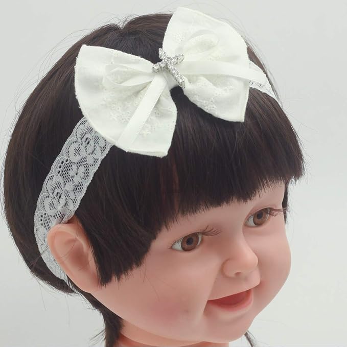 White Baby Bow Headband for Baptism Christening Satin Lace Hair Band with Cross for Toddler (A-off white bow headband, 6 months-2 years old)