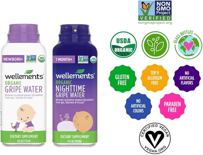 Wellements Organic Gripe Water for Babies Day & Night Combo Pack (4 Fl Oz) - Infant Gripe Water Newborn Calms Occasional Stomach Discomfort from Baby Gas, Colic, Hiccups & Fussiness - USDA Certified