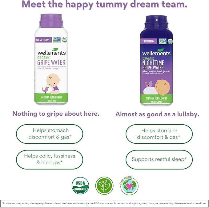 Wellements Organic Gripe Water for Babies Day & Night Combo Pack (4 Fl Oz) - Infant Gripe Water Newborn Calms Occasional Stomach Discomfort from Baby Gas, Colic, Hiccups & Fussiness - USDA Certified