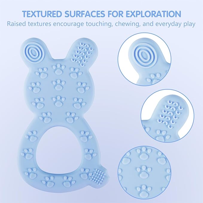Silicone Bunny Baby Teether Toy for 3-12Months, Easy-Grip Chew Toy with Textured Ears for Sensory Exploration, Food-Grade Silicone, Freezable & Dishwasher Safe (Blue)
