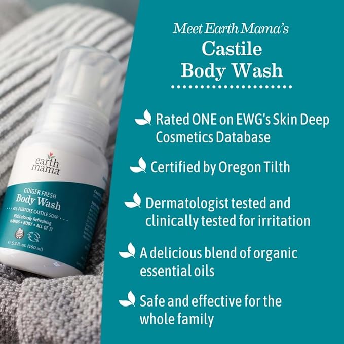 Earth Mama Ginger Fresh Foaming Hand Soap and All Purpose Body Wash for Sensitive Skin, Liquid Castile Soap with Organic Coconut Oil, Shea Butter, Calendula, & Aloe, 5.3 fl oz