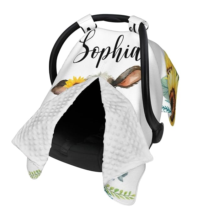 Personalized Baby Car Seat Canopy for Babies with Name, Custom Sunflower Cow Stroller Car Seat Covers for Girls, Minky Nursing Carseat Cover for Breastfeeding, Car Seat Canopies for Newborn