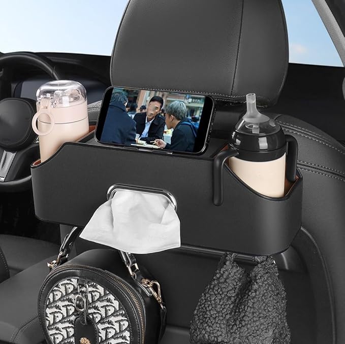New car headrest Rear seat Multifunctional Storage Box, partition Design, with Cup Holder, Tissue Box, headrest Hook, Suitable for Children and Adults, car Travel Accessories (Black)