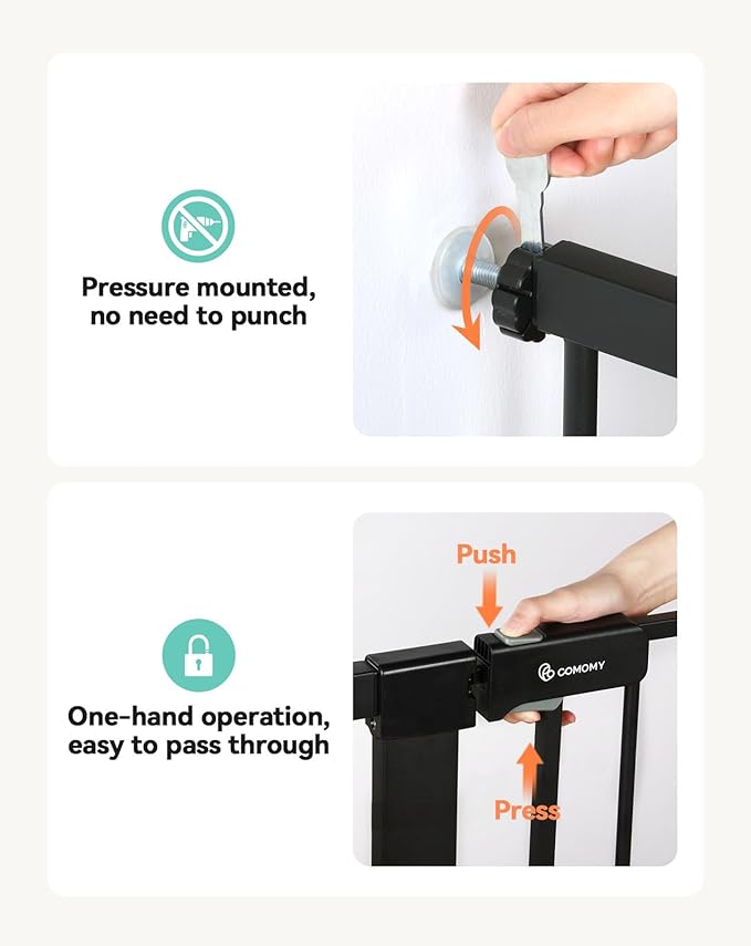 COMOMY 42" Extra Tall Baby Gate for Stairs Doorways, Fits Openings 29.5" to 43.3" Wide, Auto Close Sturdy Safety Dog Gate for House, Pressure Mounted Easy Walk Through Pet Gate with Door, Black