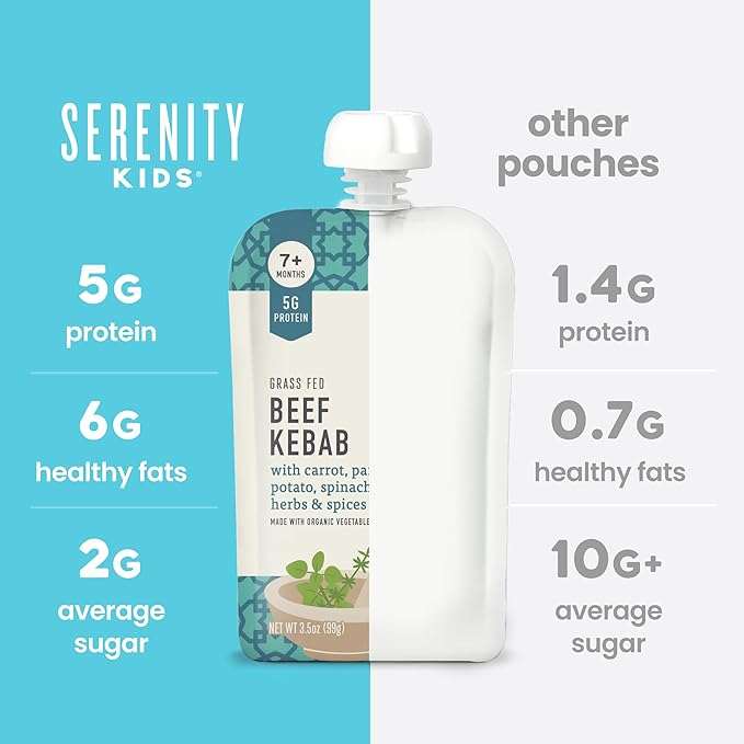 Serenity Kids 7+ Months World Explorers Baby Food Pouch - Beef Kebab, 3.5 oz, Pack of 12-5g Protein Pouch - Nutrient-Packed Meat Baby Food - On-the-Go Toddler Snacks