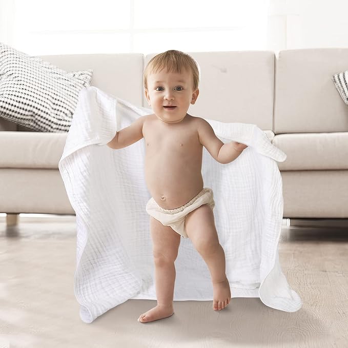 Muslin Baby Bath Towels Set 3 Pack Ultra Soft and Absorbent Baby Towels Infant Toddler Blanket Towel 6-Layer Natural Cotton Towel Suitable for Girl Boy 40x40 inches (White&Pink&Grey)