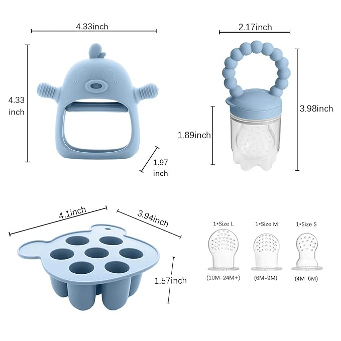 Baby Fruit Feeder & Breastmilk Popsicle Molds – 3-Pack Set with Freezer Tray, Teether, Silicone Pacifier, and 3 Extra Mesh Sizes (Sky Blue)