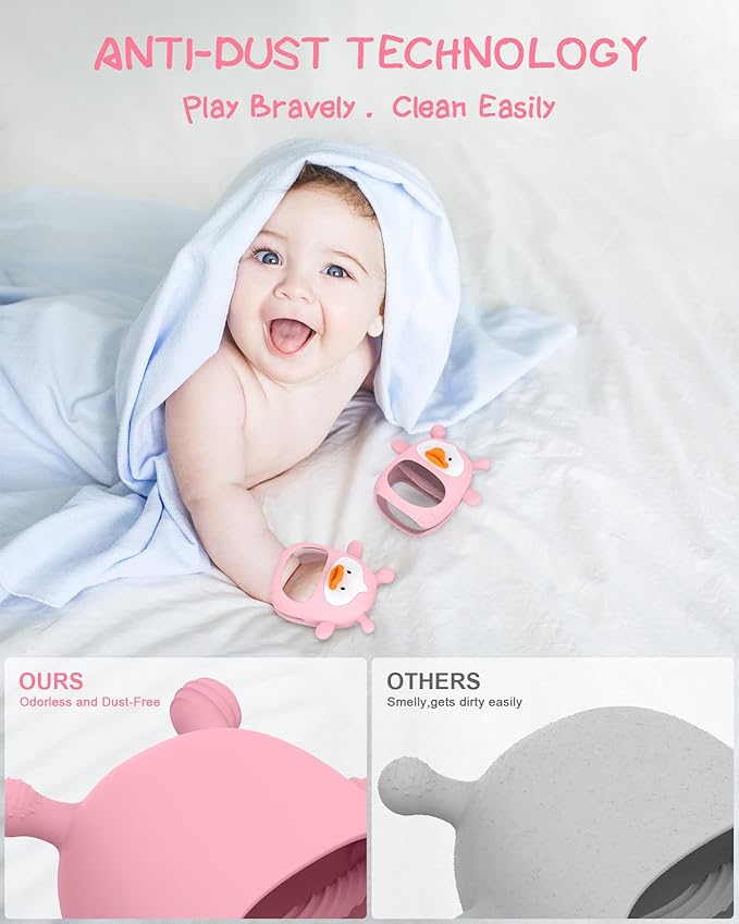 Never Drop Silicone Baby Teether, Hand Pacifier for Sucking Babies 0-6 Months, Soothing Pain Relief, Best Chew Toy for Teething, Mitten for New Born - Pink