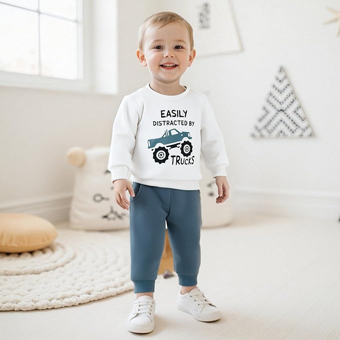 WZTYYDS Toddler Baby Boy Fall Clothes Letter Truck Long Sleeve Pullover Sweatshirt Tops Joggers Pants Set Winter Outfits