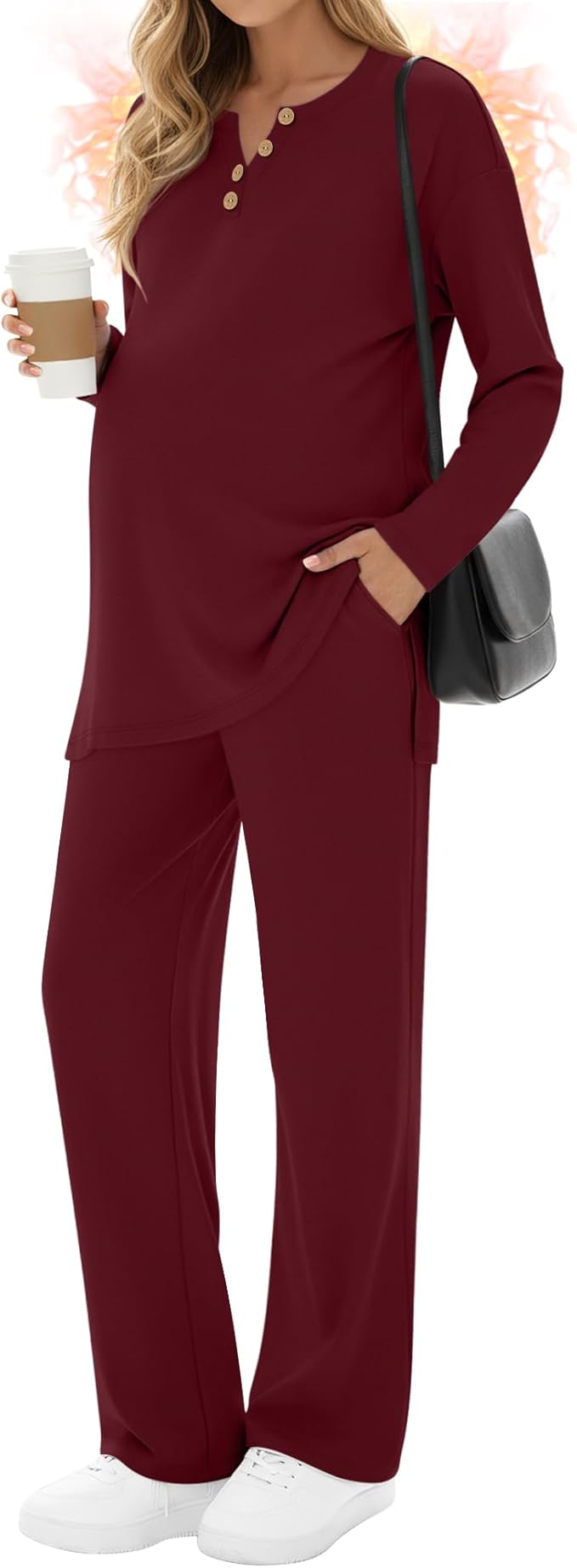 2 Piece Thermal Maternity Lounge Set Postpartum Pregnancy Fleece Loungewear Long Sleeve Top and Wide Leg Pant
