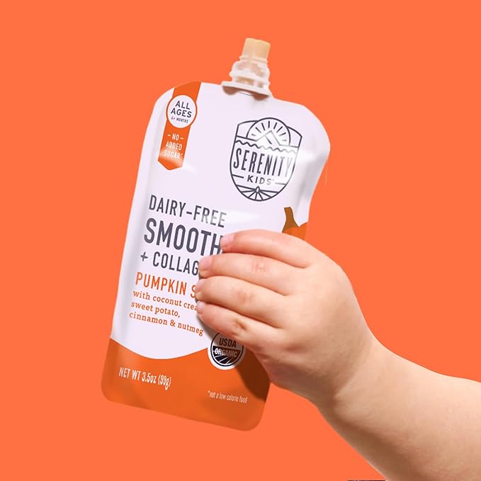 Serenity Kids 6+ Months Dairy-Free Smoothie Baby Food | USDA Organic | Grass Fed Collagen Protein | 3.5 Ounce BPA-Free Pouch | Pumpkin Spice | 1 Count