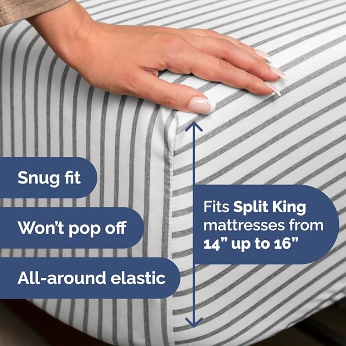 Flex Top Split Head King 4 Piece Sheet Set - Comfy Breathable & Cooling Bed Sheets Set - Hotel Luxury Bedding for Women, Men, Kids, Teens, Boys & Girls - Deep Pockets, Soft - Oeko-Tex - Grey Stripes